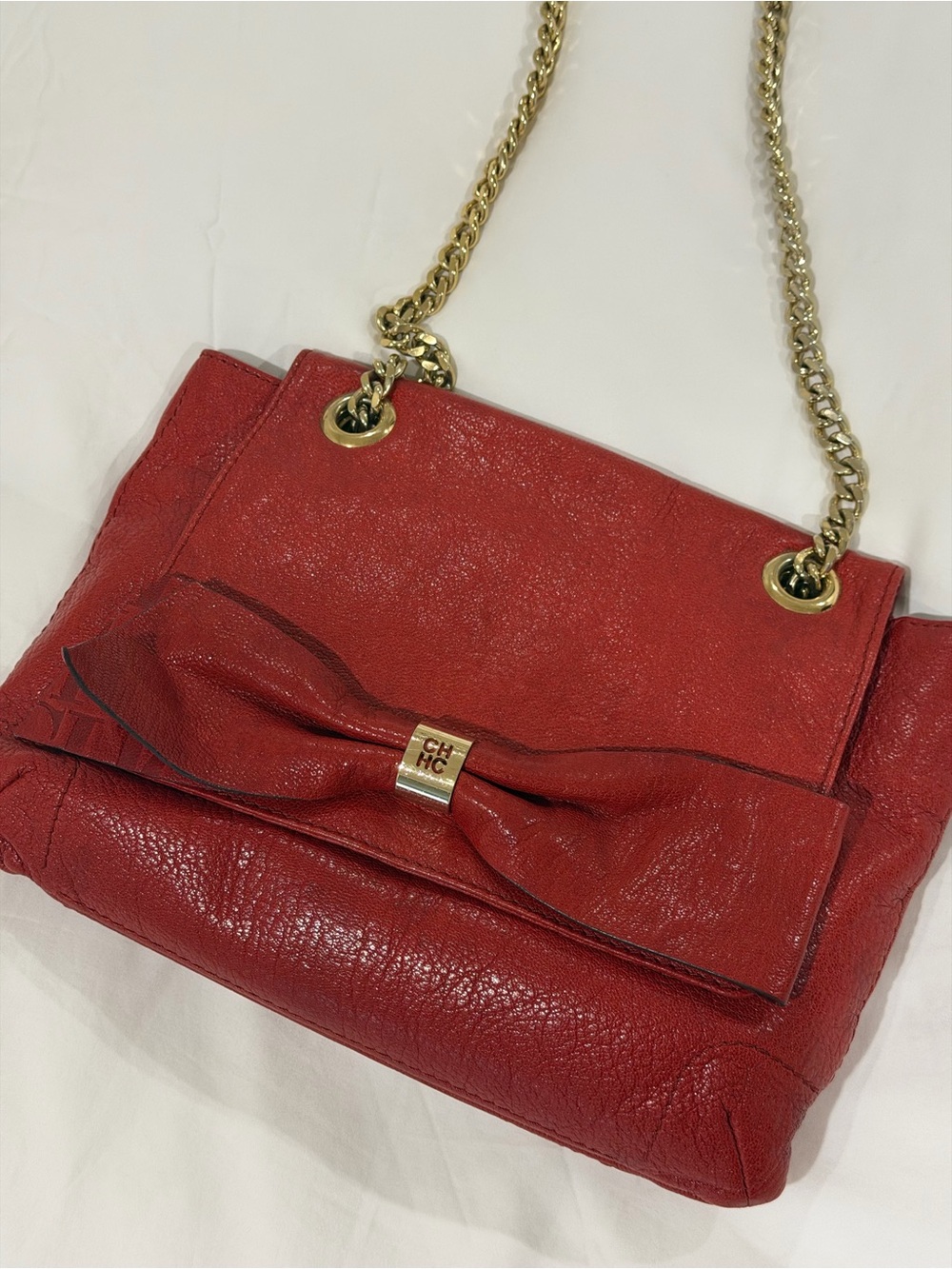 Carolina Herrera Red Leather Bow Shoulder Bag